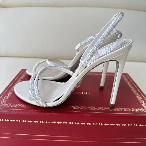 NEW Rene Caovilla Embellished Halter Cocktail Sandals SZ 38 White Crystal - Picture 5 of 9